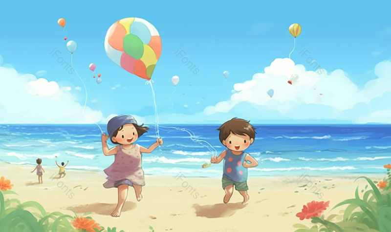沙滩海水儿童兄妹同学朋友小朋友孩子气球追逐两人插画,插画/手绘图,插画/手绘图库,插画/手绘图下载,插画/手绘